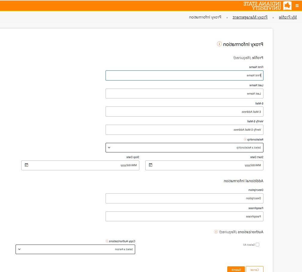 P screenshot of the Proxy Information fields to be filled out