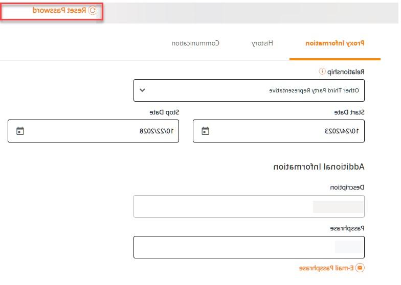 Illustration of the location of the Reset Password button, in the top right-hand corner, when editing proxy information